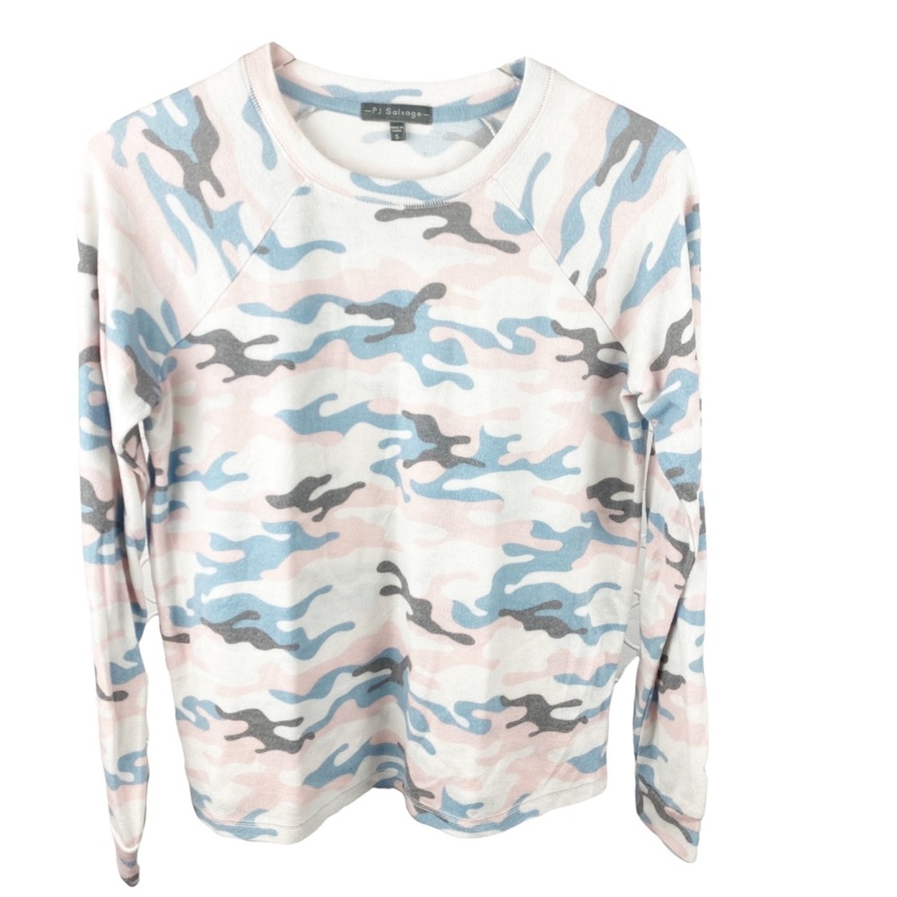 PJ Salvage Pink Blue Ivory Camo Camoflauge Top Sweatshirt Size Small